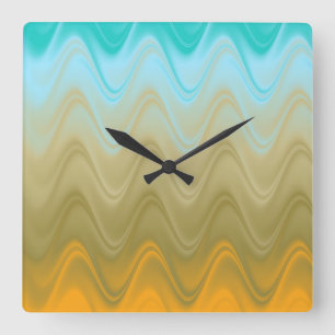 Reloj Cuadrado Azul Ondulado Verde Naranja Abstracto