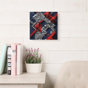 Reloj Cuadrado Azul oscuro Rojo vivo Micro Mosaico 3D Plateado