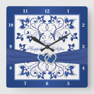 Reloj Cuadrado Azul Real, Corazón Floral Blanco Feliz Nunca Despu