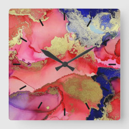 Reloj Cuadrado Azul rojo dorado abstracto
