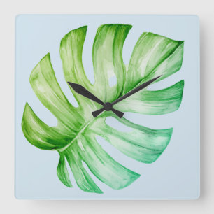 Reloj Cuadrado Azul Tropical Botánico Verde de la hoja Monstera