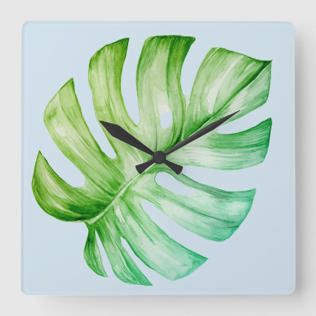 Reloj Cuadrado Azul Tropical Botánico Verde de la hoja Monstera (Anverso)