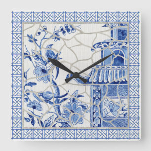Reloj Cuadrado Azul y blanco Chinoiserie Moda Pájaro Mosaico flor