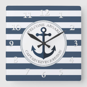 Reloj Cuadrado Azul y blanco rayado con ancla personalizada la