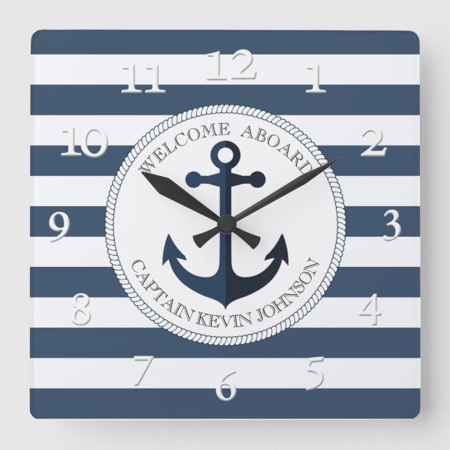 Reloj Cuadrado Azul y blanco rayado con ancla personalizada la (Anverso)