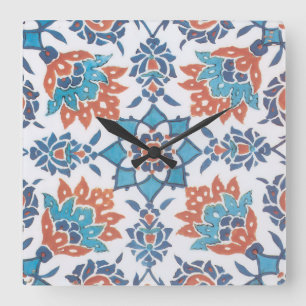 Reloj Cuadrado Azulejo de Arte Floral Vintage Azul Rojo Blanco