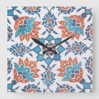 Reloj Cuadrado Azulejo de Arte Floral Vintage Azul Rojo Blanco