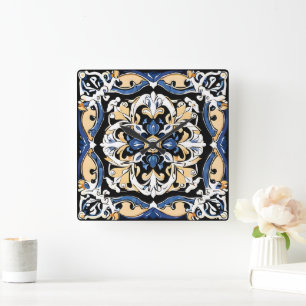 Reloj Cuadrado Azulejo Español Marroquí Azul Amarillo Blanco Negr