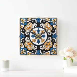Reloj Cuadrado Azulejo español marroquí azul amarillo blanco negr