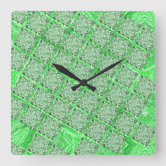 Reloj Cuadrado Azulejo falso, folhagens divertidos verdes, cuadra (Anverso)