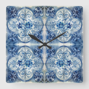 Reloj Cuadrado Azulejos Antiguos en Azul Delft