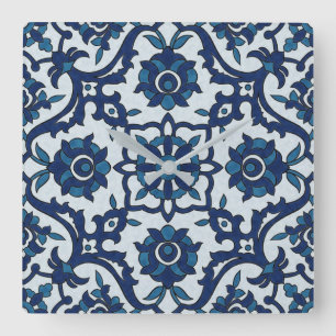 Reloj Cuadrado Azulejos azules portugueses, patrón de mosaico fl