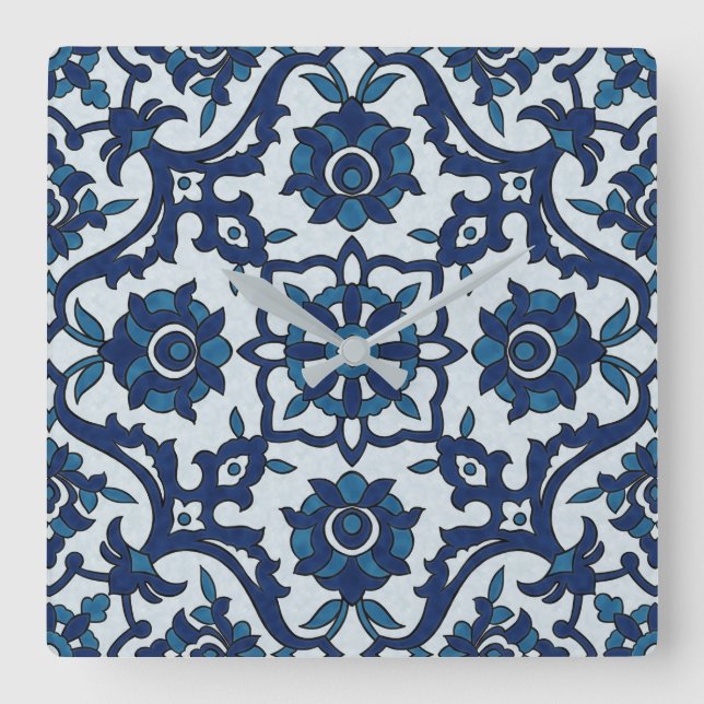 Reloj Cuadrado Azulejos azules portugueses, patrón de mosaico flo (Anverso)