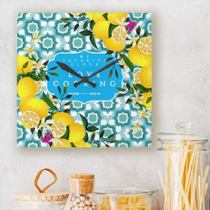 Reloj Cuadrado Azulejos Mediterráneos Limón Azul