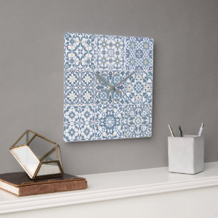 Reloj Cuadrado Azulejos Mediterráneos, Marroquíes, Mayólica, Azul