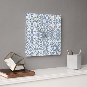 Reloj Cuadrado Azulejos Mediterráneos, Marroquíes, Mayólica, Azul