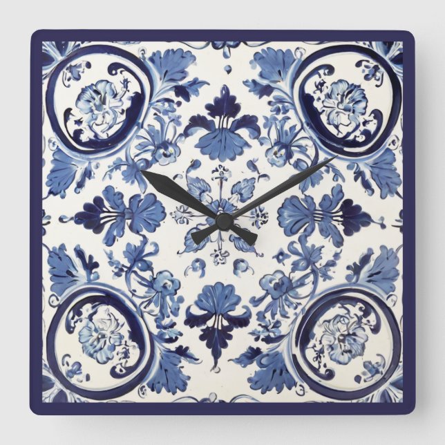 Reloj Cuadrado Azulejos portugueses Azulejos Azul Y Blanco Vintag (Anverso)