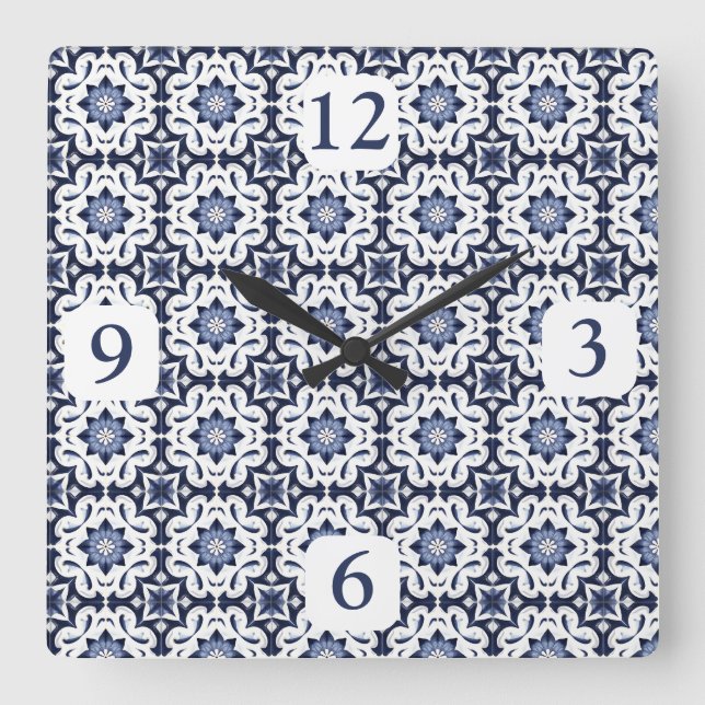 Reloj Cuadrado Azulejos portugueses Azulejos Azul Y Blanco Vintag (Anverso)