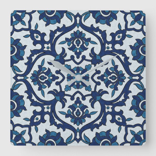 Reloj Cuadrado Azulejos portugueses azules Patrón de mosaico flor (Anverso)