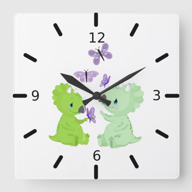 Reloj Cuadrado Baby Dinosaurs & Butterflies - (Anverso)