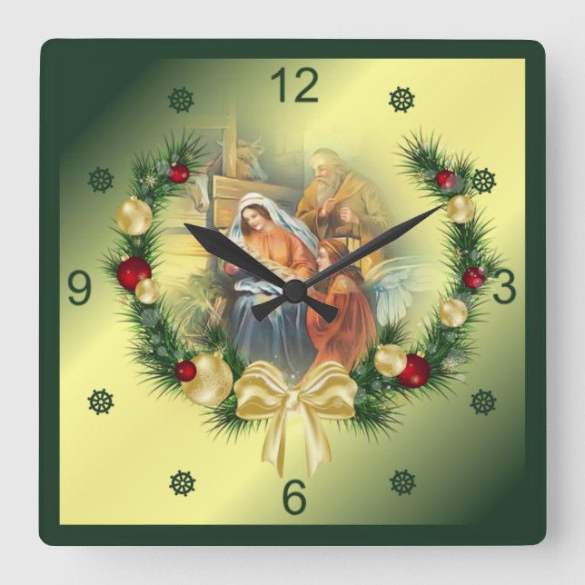 Reloj Cuadrado  Baby Jesus, Mary & Joseph ~ The Holy Family ~  (Anverso)