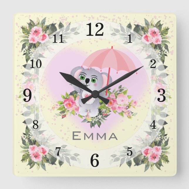Reloj Cuadrado Baby Koala | Decoración de guardería | Amarillo pe (Anverso)