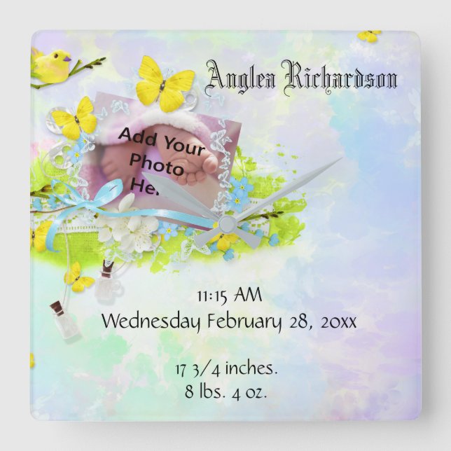 Reloj Cuadrado Baby’s Yellow Bird and Butterfly Photo Frame (Anverso)