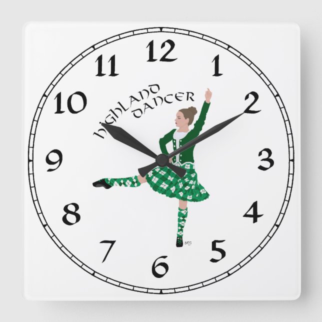 Reloj Cuadrado Bailarín escocés de tierras altas - Verde (Anverso)