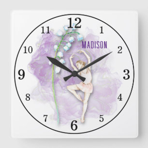Reloj Cuadrado Bailarina y Flor de Valle en Floral sobre Morado