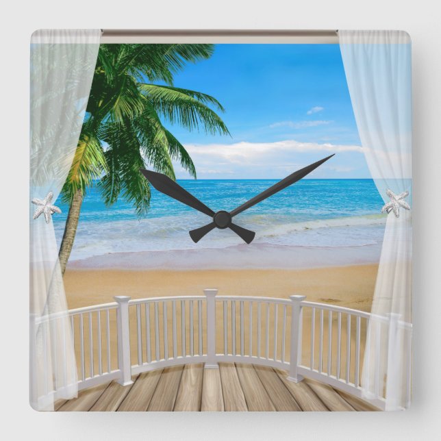 Reloj Cuadrado Balcón con vista al océano de la playa (Anverso)