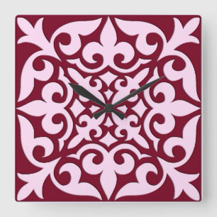 Reloj Cuadrado Baldosa marroquí - burdeos y rosa