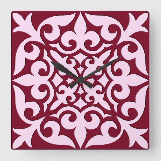 Reloj Cuadrado Baldosa marroquí - burdeos y rosa (Anverso)