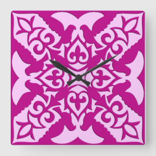Reloj Cuadrado Baldosa marroquí - magenta y rosa