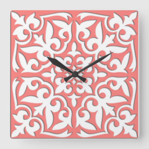 Reloj Cuadrado Baldosa marroquí - rosa coral y blanco