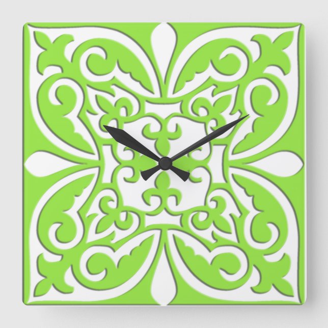 Reloj Cuadrado Baldosa marroquí - verde cal y blanco (Anverso)