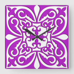Reloj Cuadrado Baldosa marroquí - violeta violeta y blanco