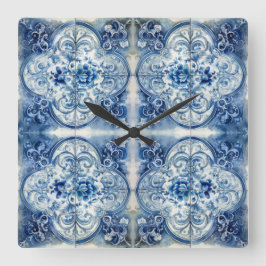 Reloj Cuadrado Baldosas antiguas en azul delft