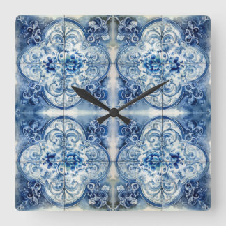 Reloj Cuadrado Baldosas antiguas en azul delft