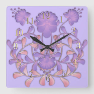 Reloj Cuadrado Baldosas de vidrio 3D flores violeta líquida gzhel