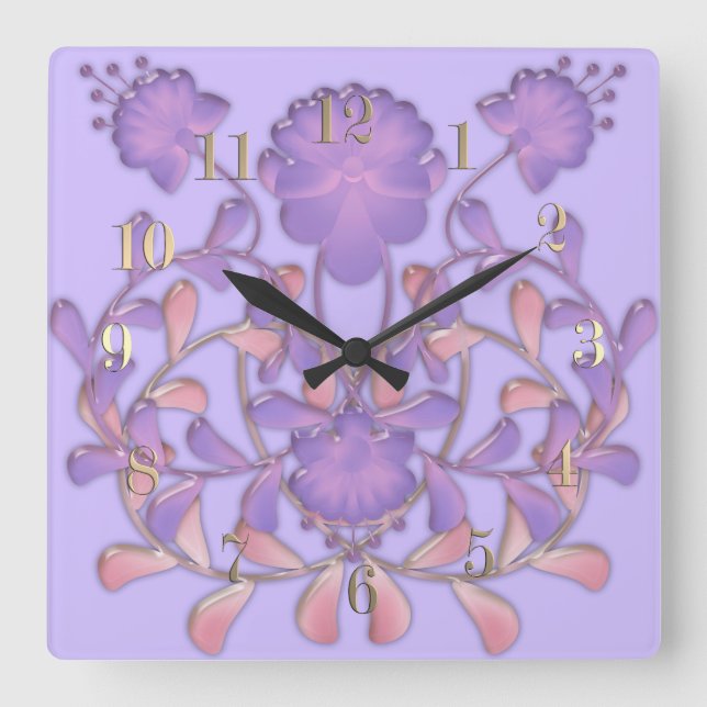 Reloj Cuadrado Baldosas de vidrio 3D flores violeta líquida gzhel (Anverso)