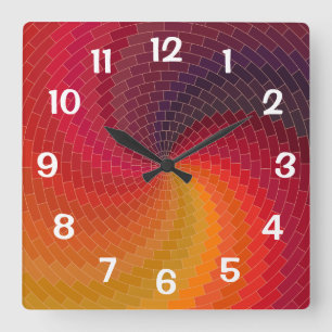 Reloj Cuadrado Baldosas en espiral abstractas Rojo Amarillo Naran