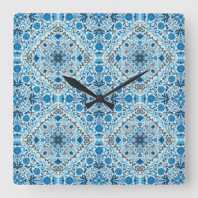Reloj Cuadrado Baldosas florales azules (Anverso)