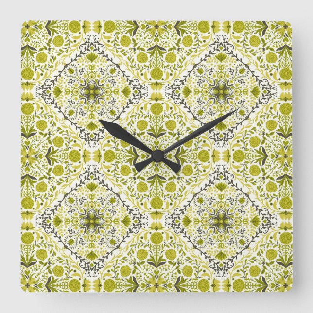 Reloj Cuadrado Baldosas florales en verde (Anverso)