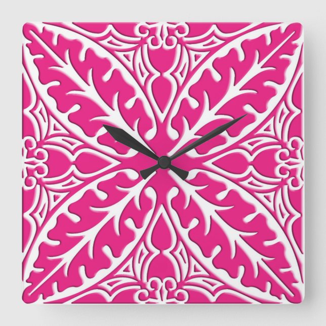 Reloj Cuadrado Baldosas marroquíes - rosa fucsia y blanco (Anverso)