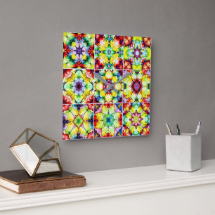 Reloj Cuadrado Baldosas mediterráneas, mosaicos de tinta de alcoh