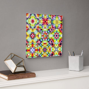 Reloj Cuadrado Baldosas mediterráneas, mosaicos de tinta de alcoh