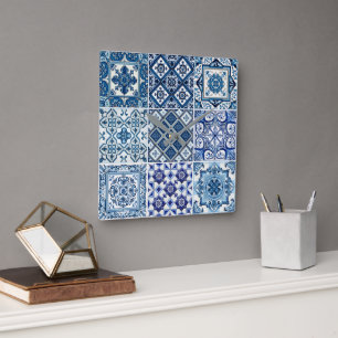 Reloj Cuadrado Baldosas mediterráneas, portuguesas, azulejo, mall