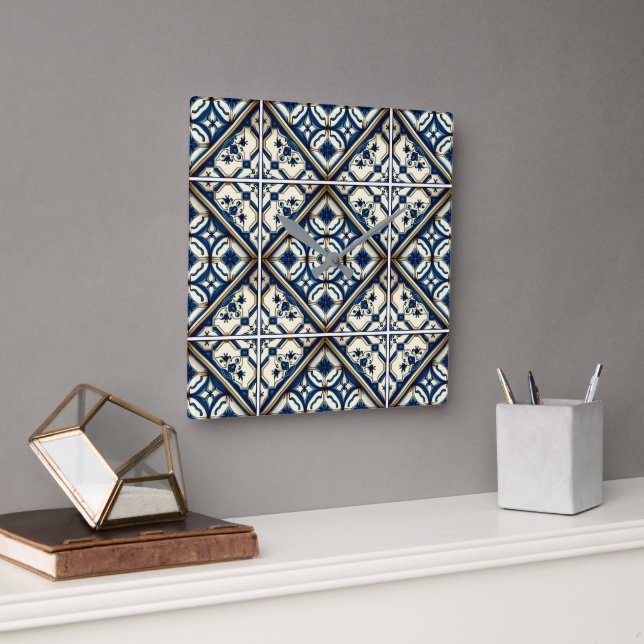 Reloj Cuadrado Baldosas mediterráneas, portuguesas, azulejo, mall (Oficina)