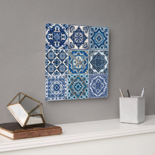 Reloj Cuadrado Baldosas mediterráneas, portuguesas, azulejo, mall