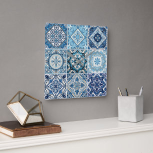 Reloj Cuadrado Baldosas mediterráneas, portuguesas, azulejo, mall